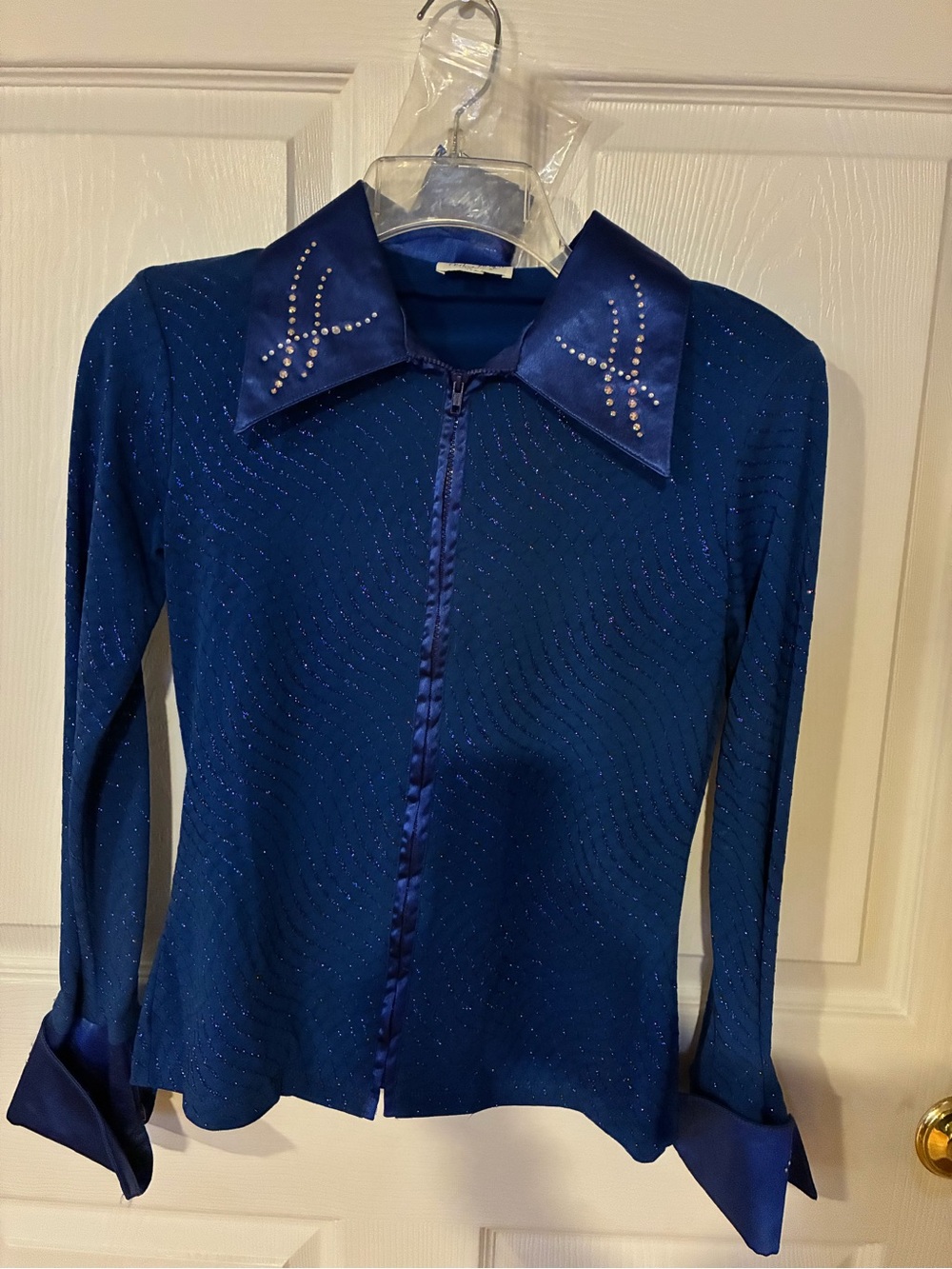 Hobby Horse Blue Sparkle Satin-Trim Zip Front Women's Top XS